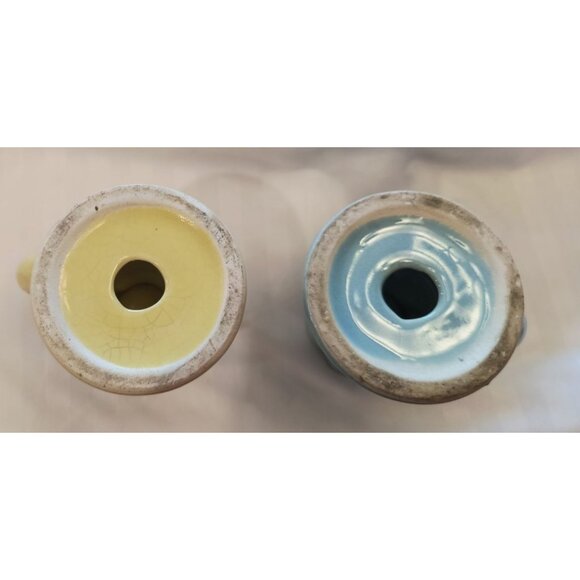 Vintage Ceramic Tulip-Shaped Candlestick Holder Set In Yellow & Blue - Picture 2 of 3